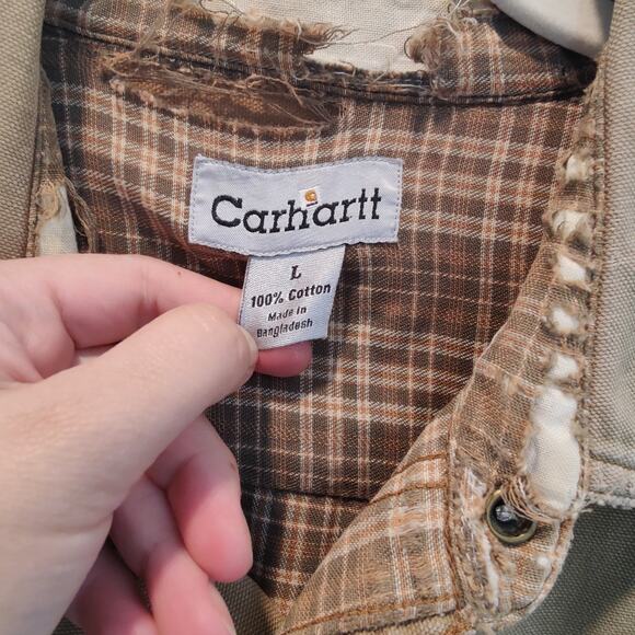Carhartt Sz L S96BRN Flannel Lined Shirt Jacket Shacket Snap Front Distressed - Picture 6 of 9